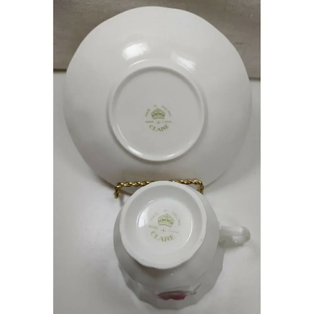 Clare Bone China White Floral Victorian Gold Rim Tea Cup And Saucer Set